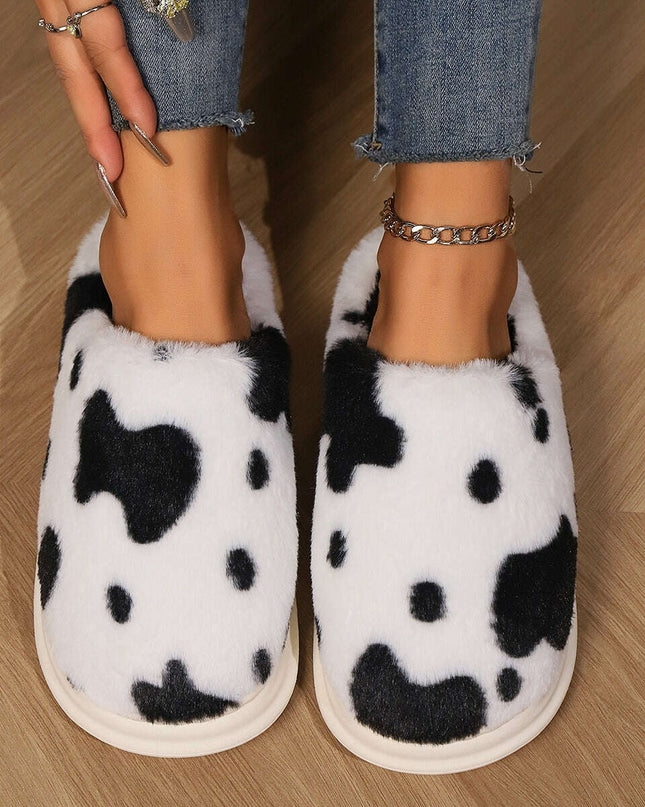 Adorable Cow Print Plush Slippers for Couples - Cozy Non-Slip Fuzzy House Shoes for Winter