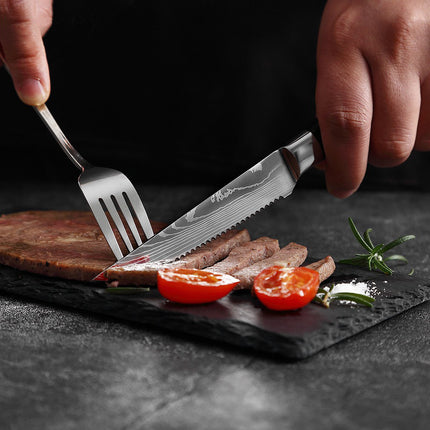 Damascus Pattern Western-Style 6-Piece Steak Knife Set — Serrated Stainless Steel Blades
