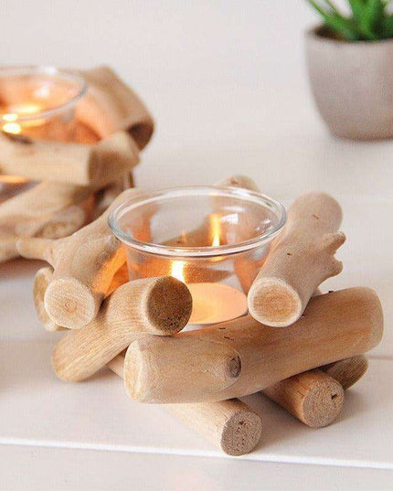 Handcrafted Driftwood Candle Holder with Glass Hurricane - Elegant Home Decor Accent