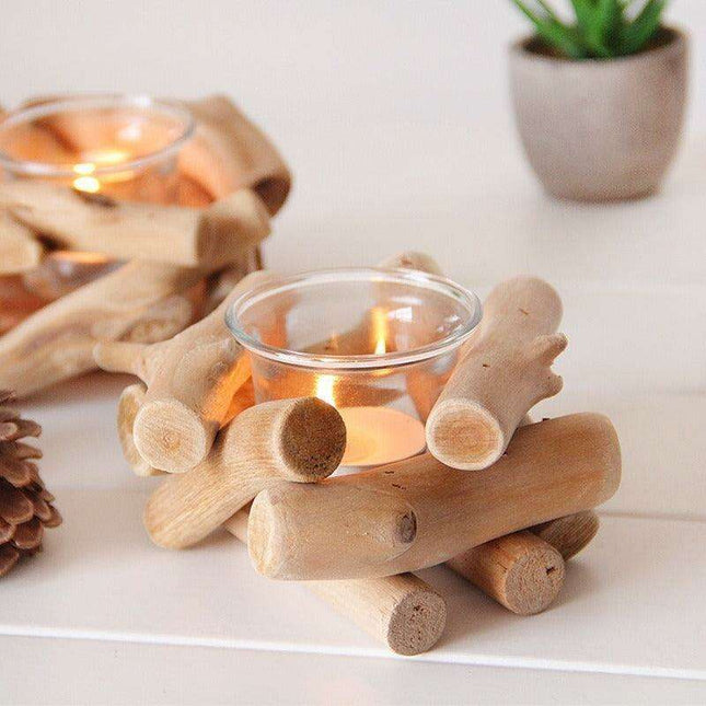 Handcrafted Driftwood Candle Holder with Glass Hurricane - Elegant Home Decor Accent