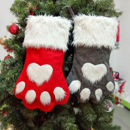 Red and Grey Long-Haired Dog Christmas Socks with Paw Design