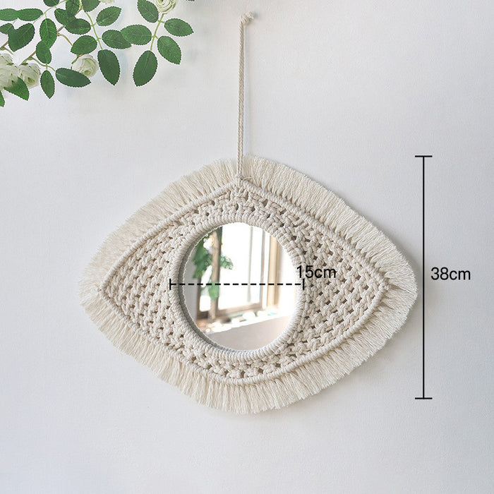 Nordic Charm Handwoven Cotton Mirror Tapestry with Wood Bead Detailing