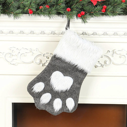 Red and Grey Long-Haired Dog Christmas Socks with Paw Design