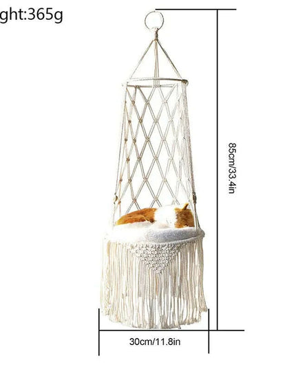 Bohemian Woven Cat Hammock Bed - Handcrafted Cotton Rope Swing with Tassels - Cozy Nest for Kittens and Indoor Decor