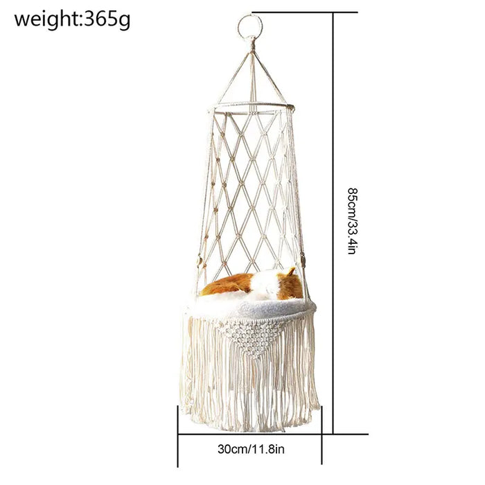 Bohemian Woven Cat Hammock Bed - Handcrafted Cotton Rope Swing with Tassels - Cozy Nest for Kittens and Indoor Decor