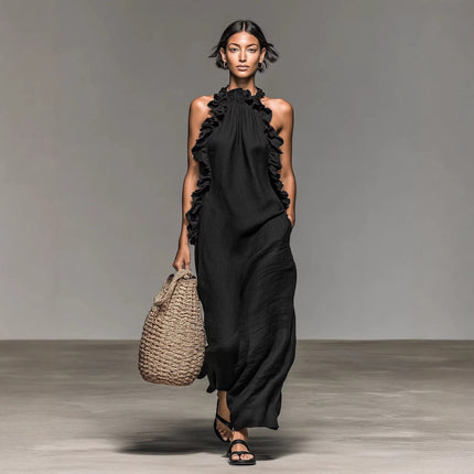 Peekaboo Studio Ruffled Halter Neck Maxi Dress - Flowy, Loose Fit