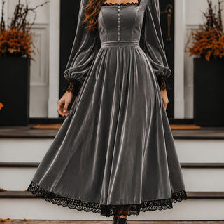 Peekaboo Studio Square-neck Velvet Dress with Lace Panels and Sleeves