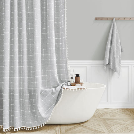 Peekaboo Studio Waterproof Tencel-Linen Checkered Tassel Shower Curtain