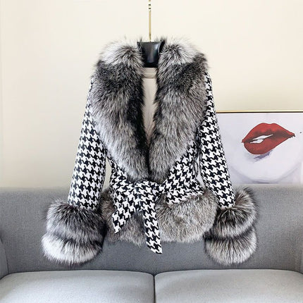 Women's Belted Houndstooth Jacket with Faux Fur Trim