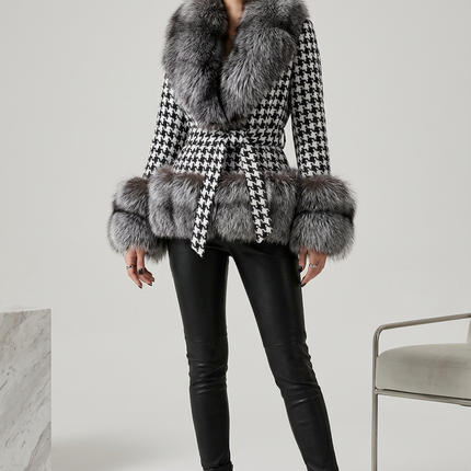 Women's Belted Houndstooth Jacket with Faux Fur Trim
