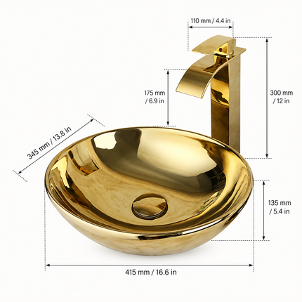 Luxury Gold Ceramic Vessel Sink - Round Above Counter Basin with Faucet