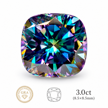 Rainbow Green Moissanite Cushion Cut Gemstone with GRA Certificate