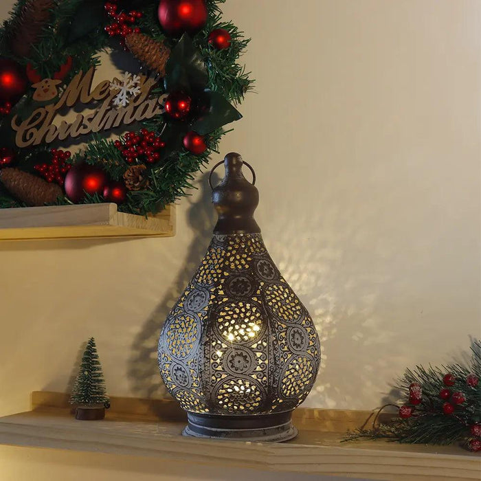 Moroccan Battery-Powered Table Lamp - Metal Lantern Candle Holder Hallowwen or Christmas
