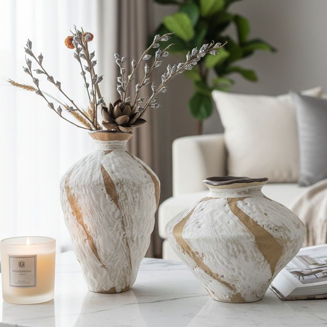 Two decorative vases on a table with a candle and book in a living room setting.