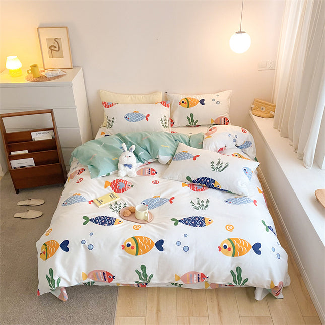 Peekaboo Studio Four-Piece Cotton Bed Sheet Set with Quilt Cover, Soft