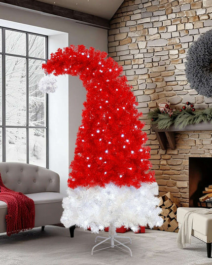 6FT Artificial Christmas Tree With LED Light, Santa's Hat Shape Artificial Whimsical Xmas Tree With 1050 Tip, Curved Xmax Tree