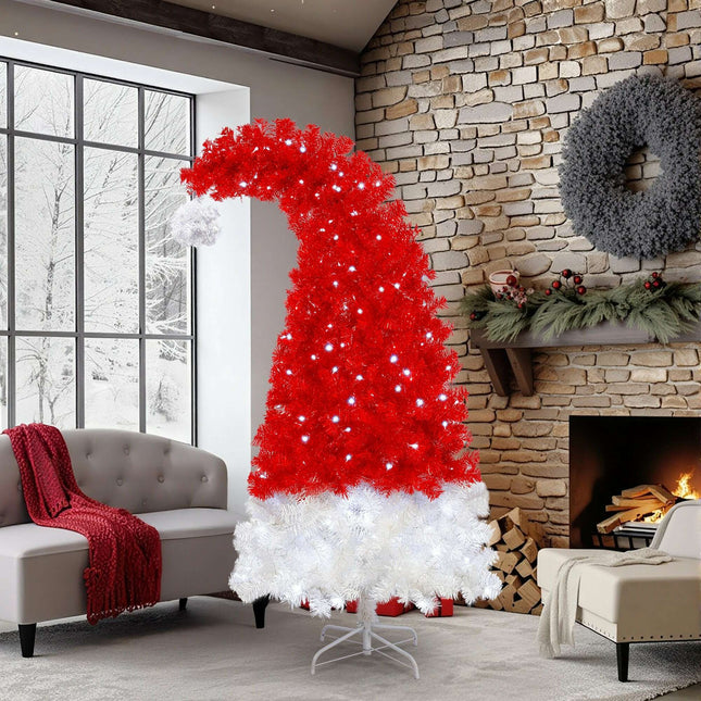 6FT Artificial Christmas Tree With LED Light, Santa's Hat Shape Artificial Whimsical Xmas Tree With 1050 Tip, Curved Xmax Tree