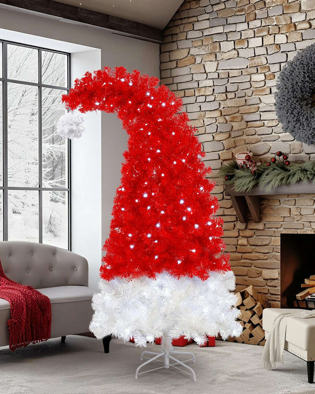 6FT Artificial Christmas Tree With LED Light, Santa's Hat Shape Artificial Whimsical Xmas Tree With 1050 Tip, Curved Xmax Tree