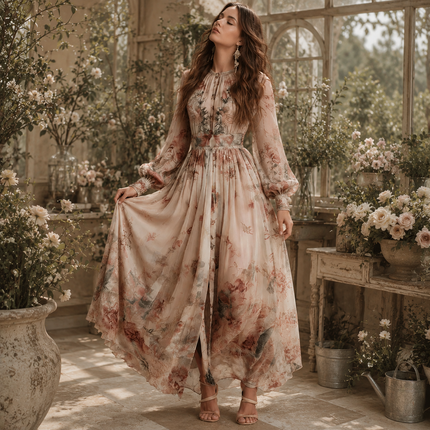 Vintage Floral Pleated Long Dress — High Waist, Long Sleeve, O-Neck
