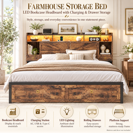 Farmhouse King Bed Frame with LED Headboard, 4-Drawer Storage & Charging Station Platform Beds & Bed Frames king-bed-frame-with-led-lights-storage-drawers-charging-station-farmhouse-style-no-box-spring-needed Furniture > Bedroom Furniture > Beds & Bed Frames