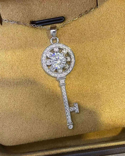 Platinum-Plated Key Pendant Necklace with 1 Carat Lab-Grown Diamond - A Touch of Glamour