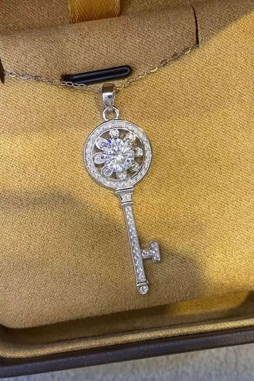 Platinum-Plated Key Pendant Necklace with 1 Carat Lab-Grown Diamond - A Touch of Glamour
