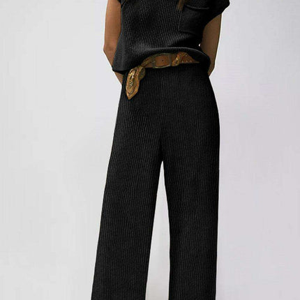 Effortless Elegance: Cozy Black Knit V Neck Sweater and Wide Leg Pants Set