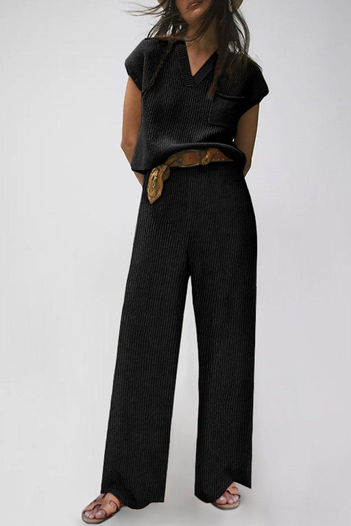 Chic Black Knit V Neck Sweater and Relaxed Pants Set for Stylish Comfort