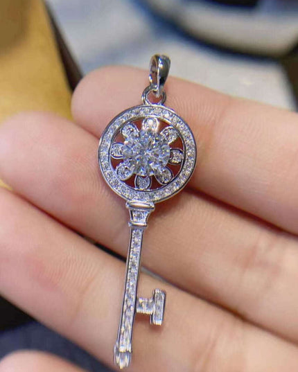 Platinum-Plated Key Pendant Necklace with 1 Carat Lab-Grown Diamond - A Touch of Glamour
