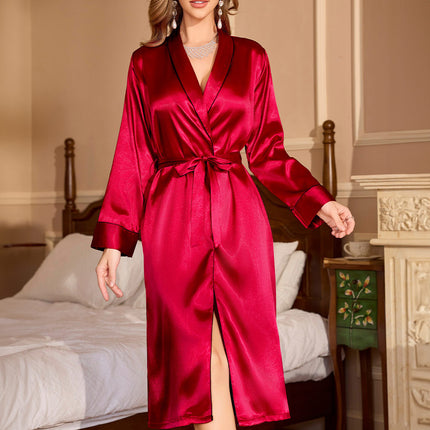 Peekaboo Studio Red Ice-Silk Long-Sleeve Nightgown & Satin Feel Robe
