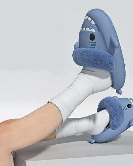 Cozy Shark Plush Slippers for Couples - Detachable Warm Fuzzy House Shoes