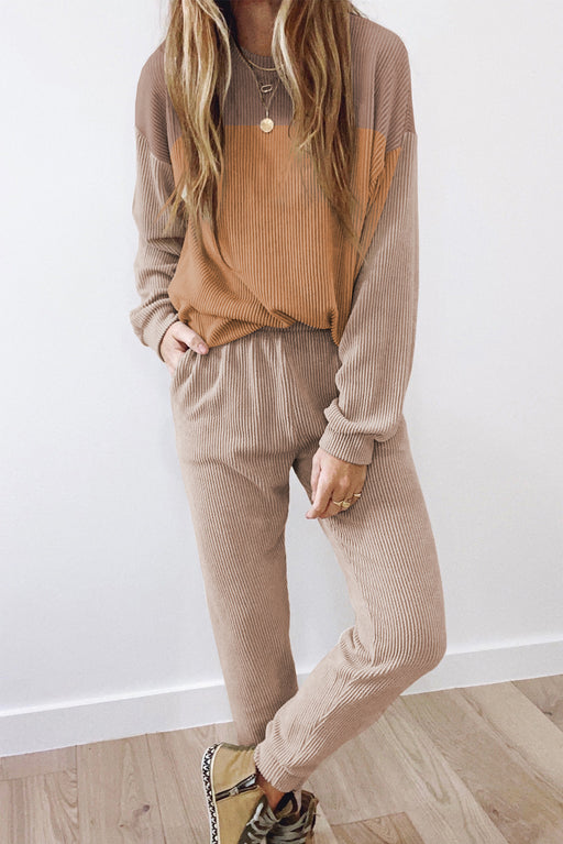 Brown Corded Colorblock Pullover and Jogger Pants Set