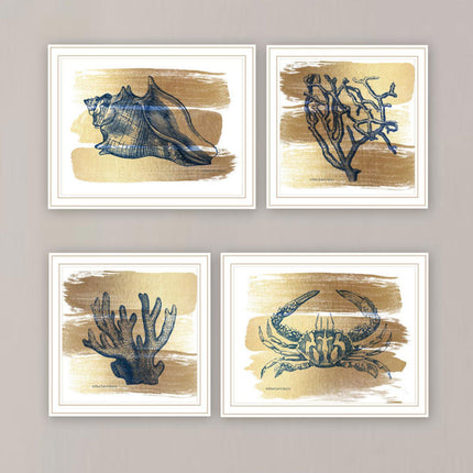 Bluebird Barn 4 Pc Gold Sea Wall Art Set - Framed Prints for Home Deco