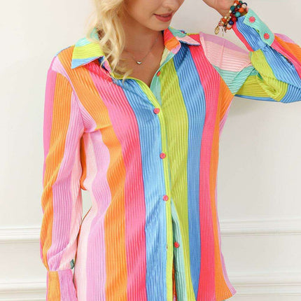 Colorful Crinkle Shirt and Shorts Ensemble with Playful Rainbow Stripes