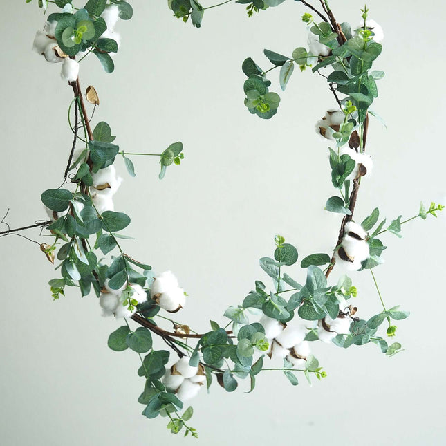 AliKopy 5ft Green Eucalyptus Leaf & Cotton Ball Garland Vine, Durable