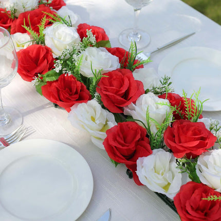 AliKopy 6 Pack Red Ivory Silk Rose Table Runner - 20"x8", Wedding Deco