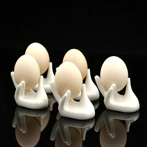Elegant White Porcelain Hand-Shaped Egg Cup Holders Set with Card Stand - Set of 6