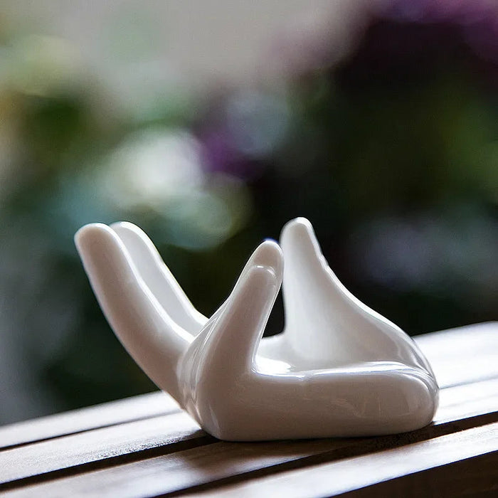 Elegant White Porcelain Hand-Shaped Egg Cup Holders Set with Card Stand - Set of 6