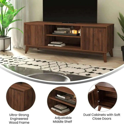 60" Walnut-Finished Mid-Century Modern TV Stand with Soft-Close Doors and Adjustable Shelf - Très Elite