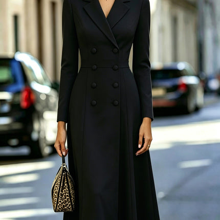 Women's Elegant Double-Breasted Long Dress — Cinched Waist & Flared Skirt