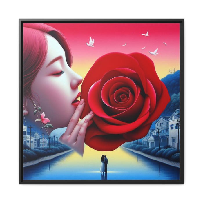 Enchantment in Bloom: Lovely Maiden and Rose Valentine Matte Canvas Art on Elegant Black Pinewood Frame