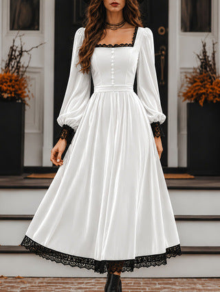 Peekaboo Studio Square-neck Velvet Dress with Lace Panels and Sleeves
