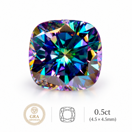 Rainbow Green Moissanite Cushion Cut Gemstone with GRA Certificate