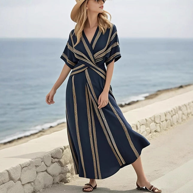 Peekaboo Studio Women's Boho Striped V Neck Pleated A-Line Dress