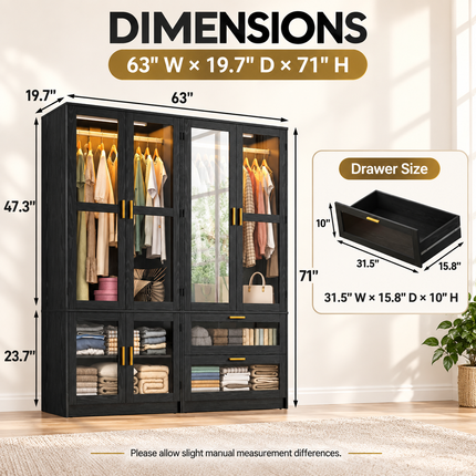 TideRise 4-Door Armoire Wardrobe with LED & Mirror, 71" Black Closet Hinged Door Wardrobes 4-door-armoire-wardrobe-w-led-mirror-71-wood-closet-for-bedroom-2-drawers-hanging-rod-black