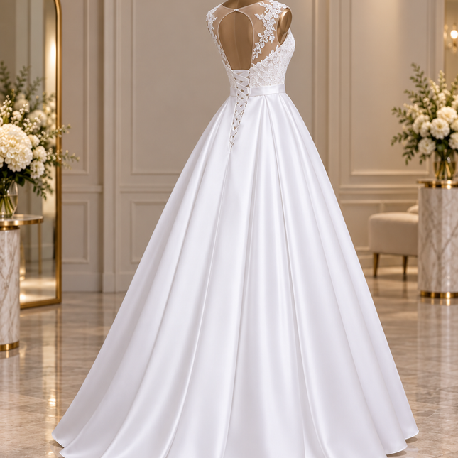 Elegant White Satin Backless Wedding Dress with Lace Embroidery
