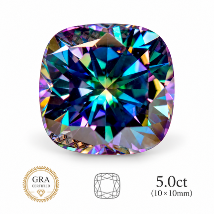Rainbow Green Moissanite Cushion Cut Gemstone with GRA Certificate