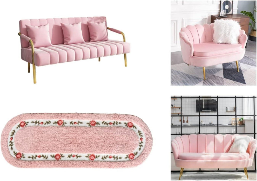 Vintage Oval Pink Rose Rug Set - 2pcs Living Room and Bedroom Carpet