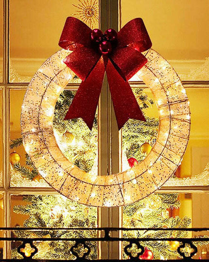 Christmas Garland 50CM Luminous LED Warm Light Metal Luminous Wreath With Big Bowknot Christmas Front Door Home Holiday Party Door Hanging Decor