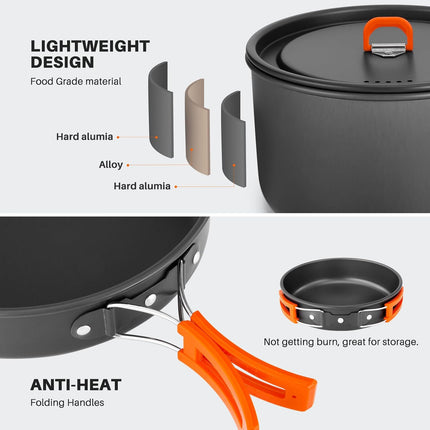 Odoland Camping Cookware Set 16 Pcs Hanging Pot Pan Kettle With Plates